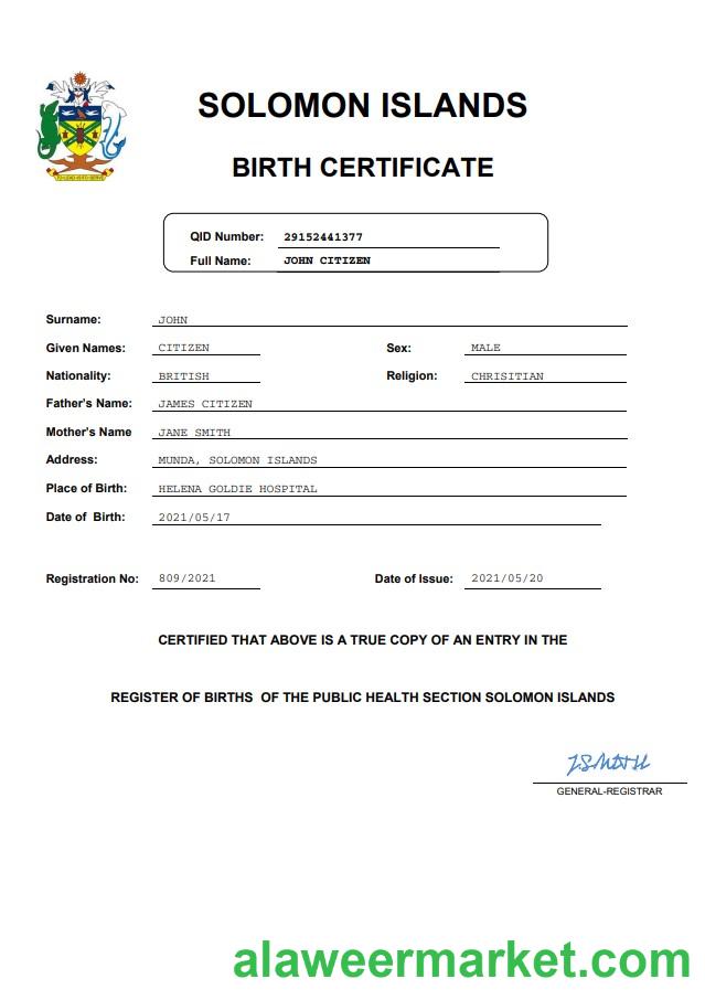 Solomon Islands vital record birth certificate Word and PDF template